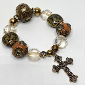 Vintage Chunky Statement Beaded Ornate Cross Charm Stretch Bracelet Goth Fashion